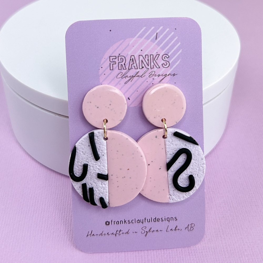 Funky Abstract Handmade Polymer Clay Round Half Design Dangle Earrings